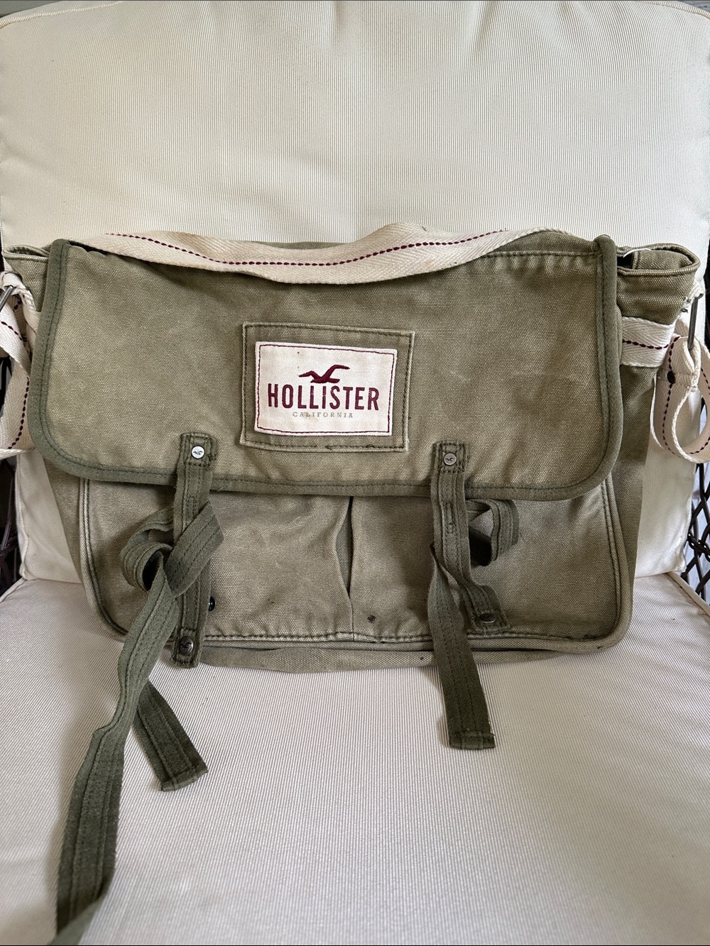 Hollister Olive Canvas Messenger Bag with Cream Accent